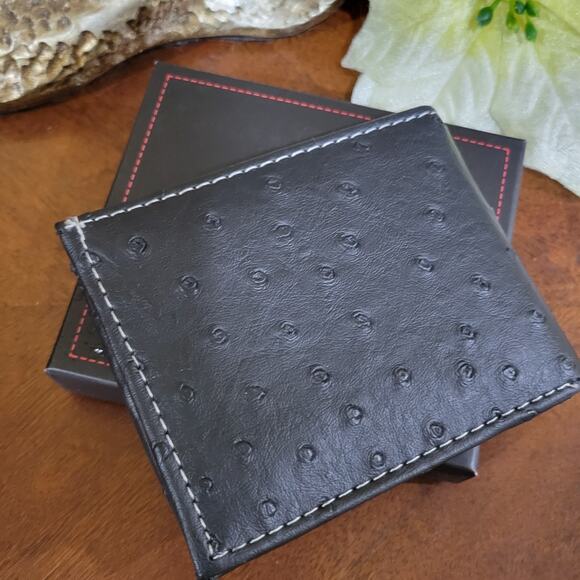 Texas concho mens Wallet Western Short Bifold Ostrich pattern black faux leather - Picture 3 of 13
